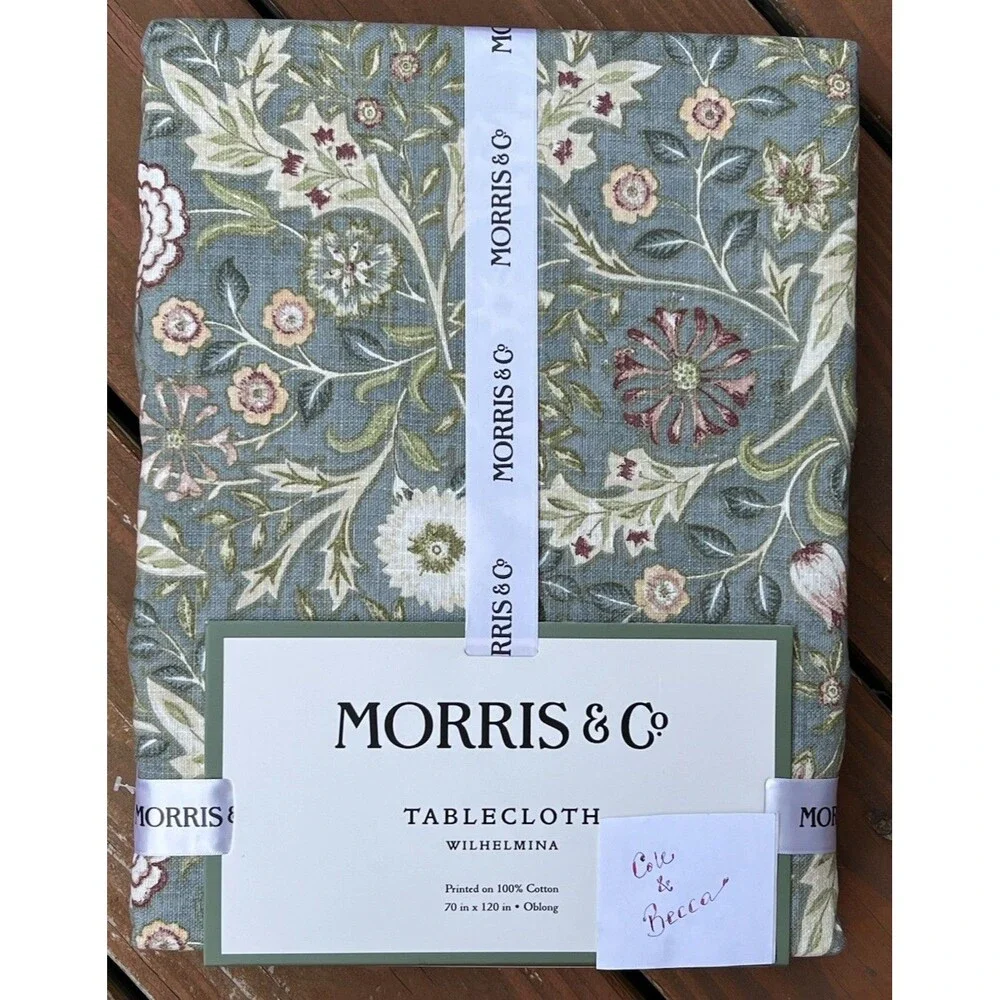 MORRIS & Co WILHELMINA Tablecloth 70 X 120 in GREEN Floral Printed 100% Cotton